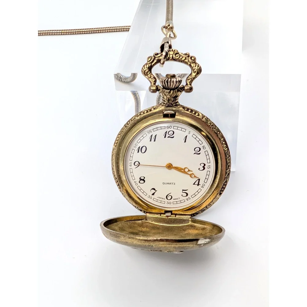 Vintage Train Pocket Watch Gold Tone Steam Engine‎ Snake Chain Steampunk